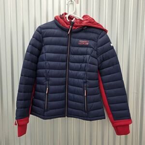 Tommy Hifiger Women's Puffer Hooded Packable Jacket Navy Red Size M Lightweight